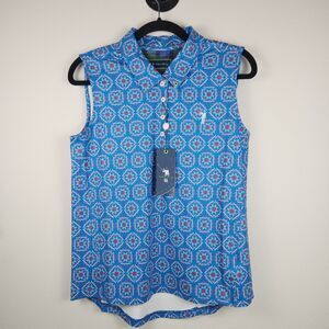 William Murray Polo Shirt Women's Performance Golf Floral Geo Tiles Blue NWT - M